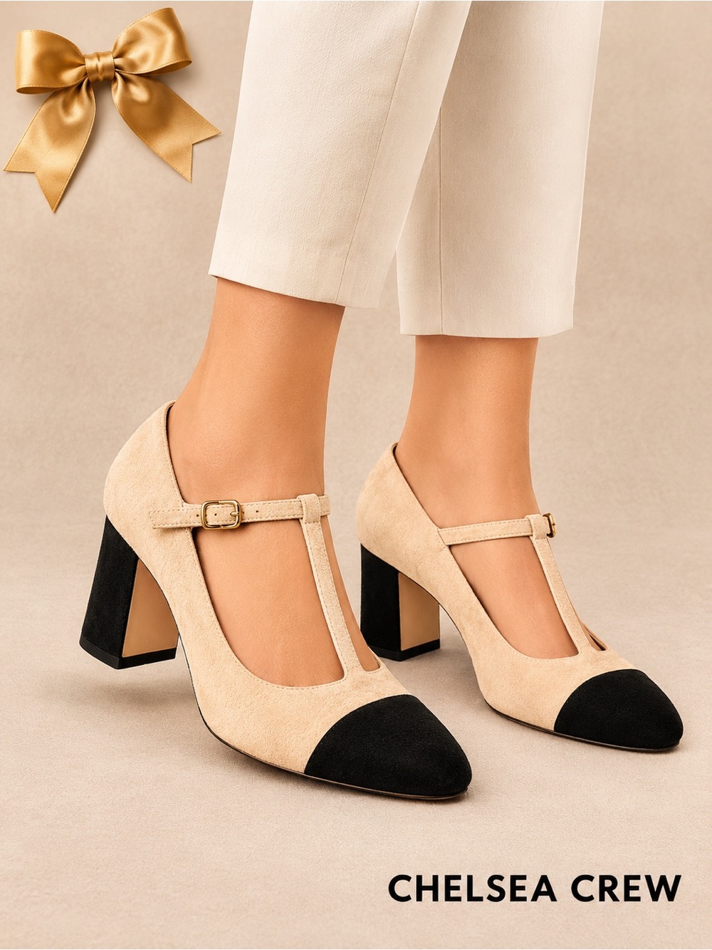 Chelsea Crew Gatsby Beige Black T Strap Cap Toe Block Heel Pumps 6.5
